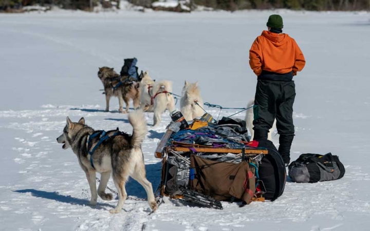 A team of sled dogs and a musher take a break on a snowy landscape. The sled rests on its side. 